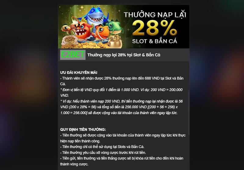 Thưởng nạp 28% slots, bắn cá